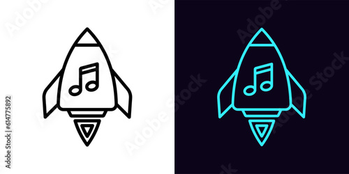 Outline musical rocket icon, with editable stroke. Spaceship with music note sign, space disco party. Dance rocket, flight to music universe, musical adventure, spacecraft karaoke