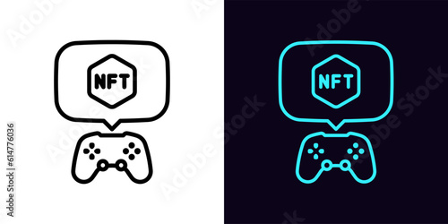 Outline game controller icon, with editable stroke. Gamepad and bubble message with NFT sign, gaming token. NFT game, virtual gaming cryptocurrency, digital token transaction in games
