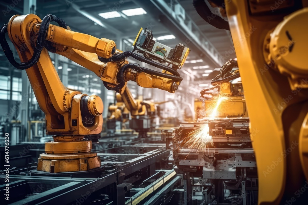 Robotic arms on a large production line in a modern bright factory with a wide angle shot. Generative AI Robotic arms on a large production line in a modern bright factory with a wide angle shot. Generative AI