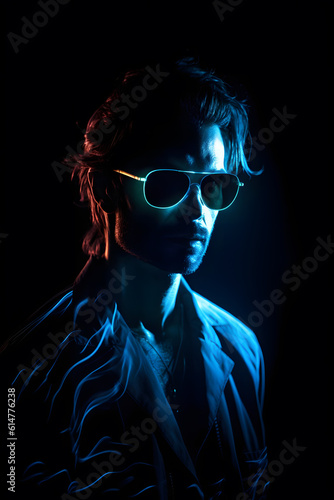 Portrait of beautiful Caucasian man in a fashionable cloth around colourful bright neon uv lights. Generative AI.