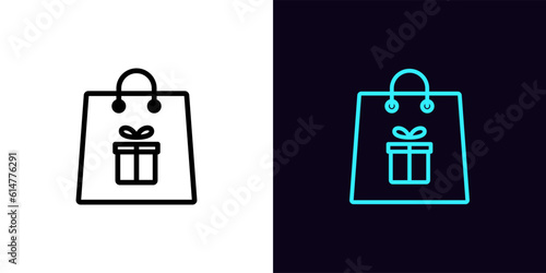 Outline gift shopping icon, with editable stroke. Shopping bag with gift box sign, customer present bonus. Surprise for shop buyer, additional gift and prize offer, present giveaway