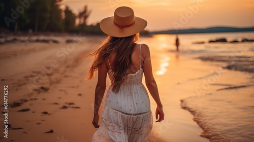 young woman in white sun dress and with hat in hand walking alone on sandy