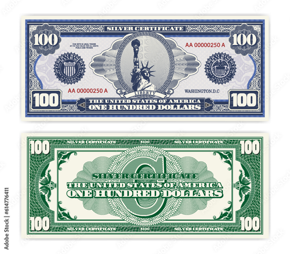 Vector blue banknote obverse and green reverse silver certificate of 100 US dollars. Oval, liberty and guilloche frame. American paper fictional money.
