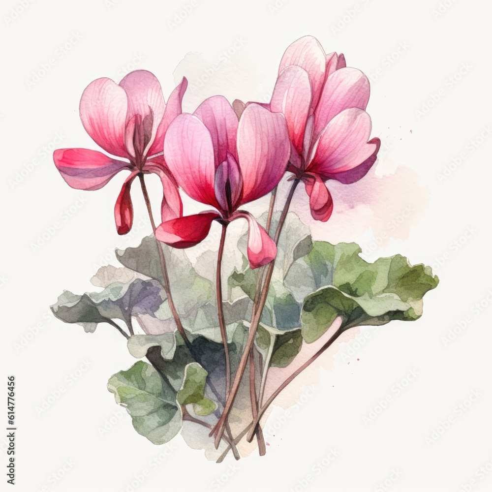 Obraz premium Watercolor painting of a cyclamen flower with white background Generative AI Illustration