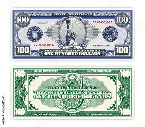 Vector blue banknote obverse and green reverse silver certificate of 100 US dollars. Oval, liberty and guilloche frame. American paper fictional money.