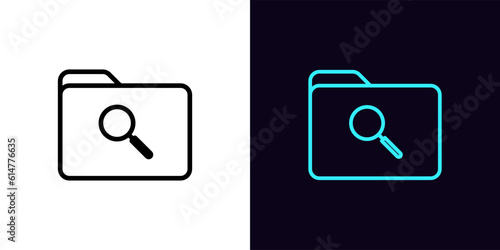 Outline folder search icon, with editable stroke. File folder with magnifier tool, document search in data directory. Folder check, file storage analysis, find data and information review
