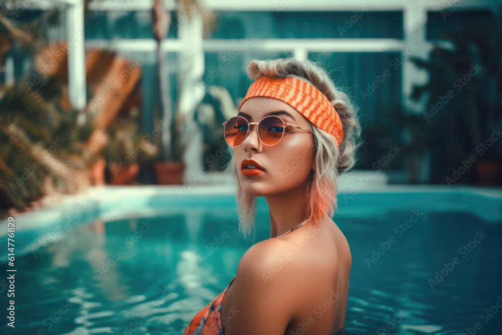 beauty young woman in sunglasses enjoying with her summer vacation at swimming pool. generative AI