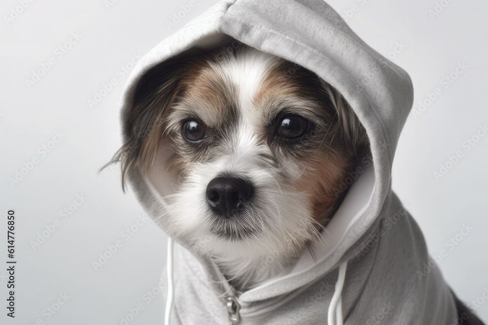 Cute shih tzu dog in warm hoodie clothes for walking on a gray background.