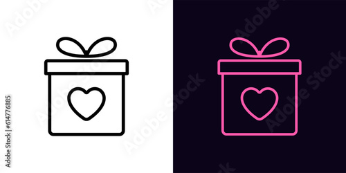 Outline love gift icon, with editable stroke. Gift box with heart sign, give present. Romantic surprise, receive gift bonus and prize, present love, get gift box, donation and giveaway
