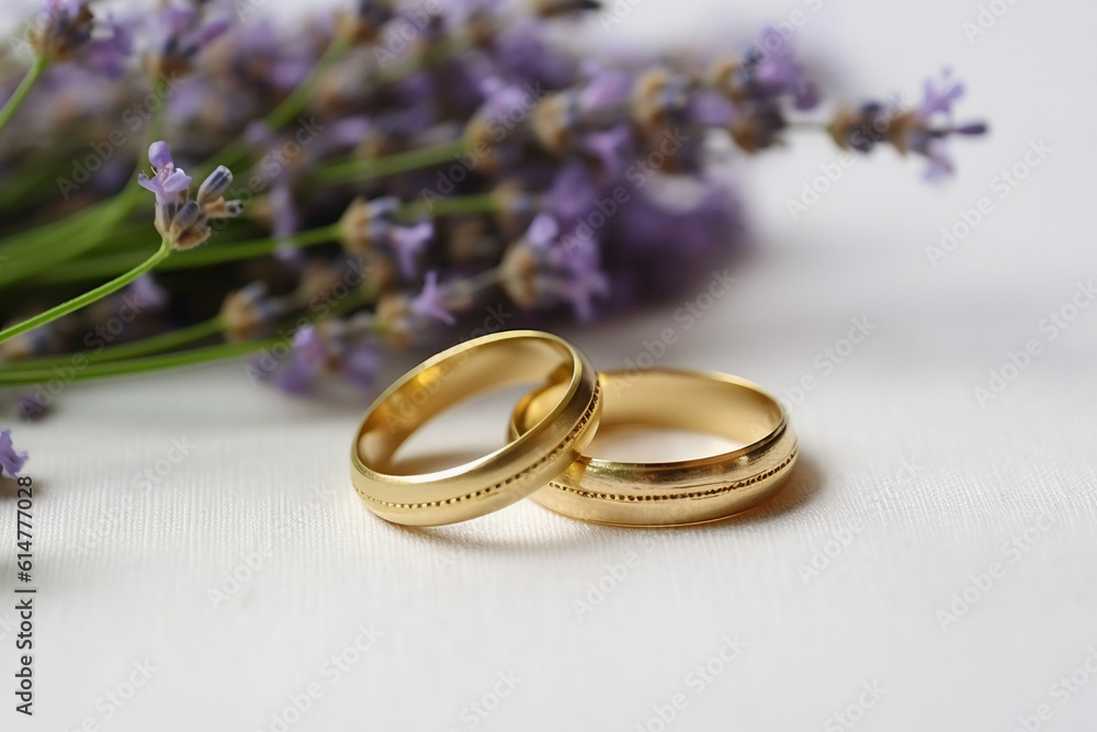 Small lavender flowers and two wedding rings. AI generative Small lavender flowers and two wedding rings. AI generative