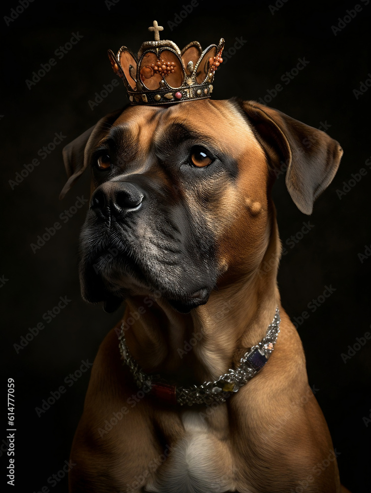 Royal Pet Portrait, dog dressed as a king with a crown on the head, dog dressed as a monarch. Generative AI	