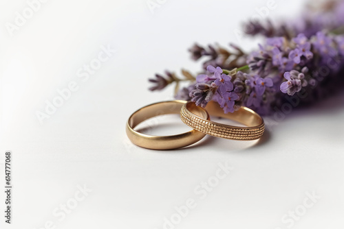 Small lavender flowers and two wedding rings. AI generative