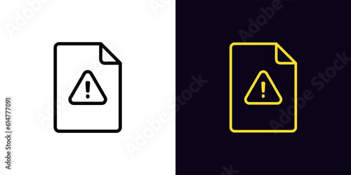 Outline file damage icon, with editable stroke. Document with exclamation mark, danger data. Damaged document, unreliable agreement, unsafe file, problem and error warning, risk alert