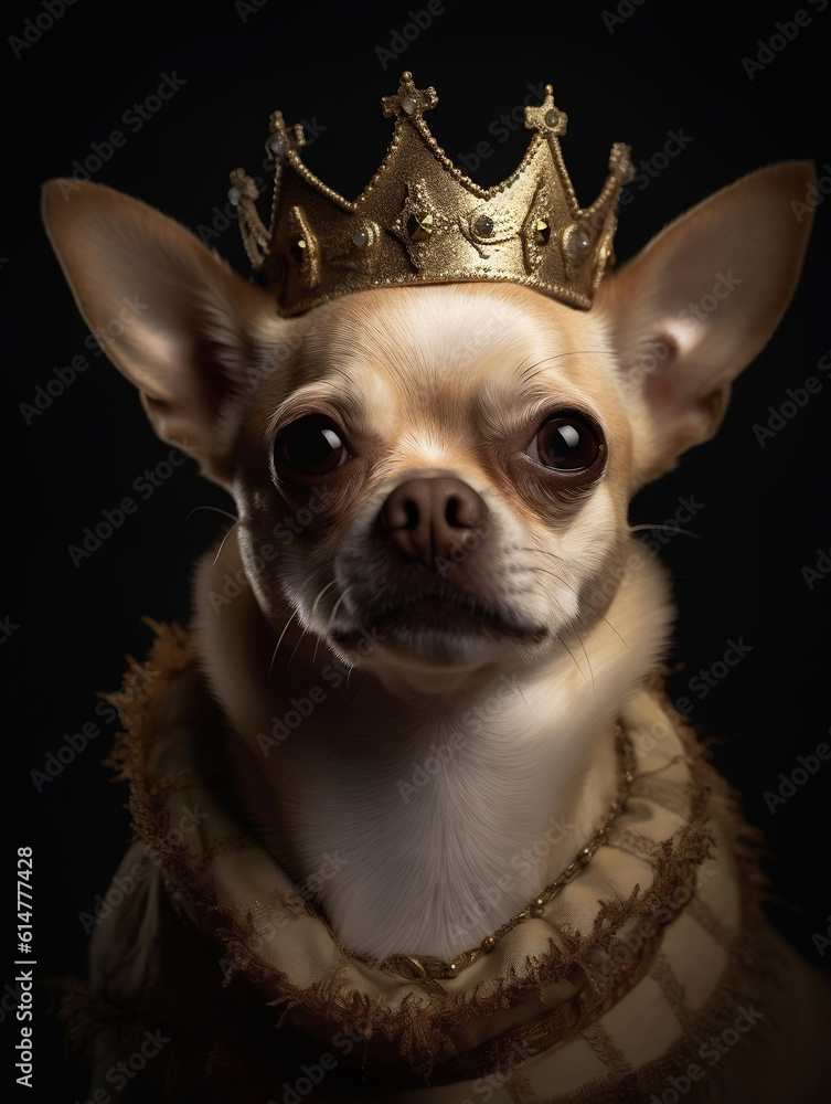 Chihuahua dressed as a king with a crown on the head, Royal Pet Portrait, dog dressed as a monarch. Generative AI	