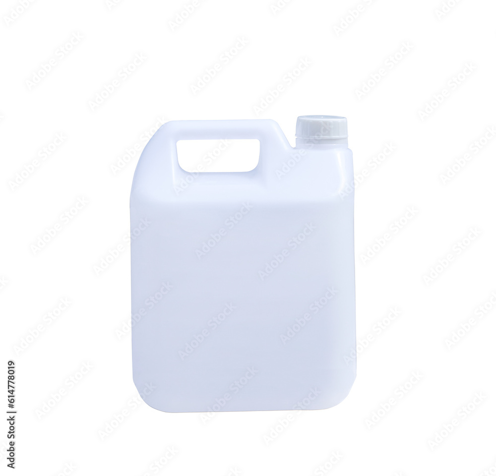 Empty white plastic Gallon container for chemical solution isolated on transparent background, PNG file