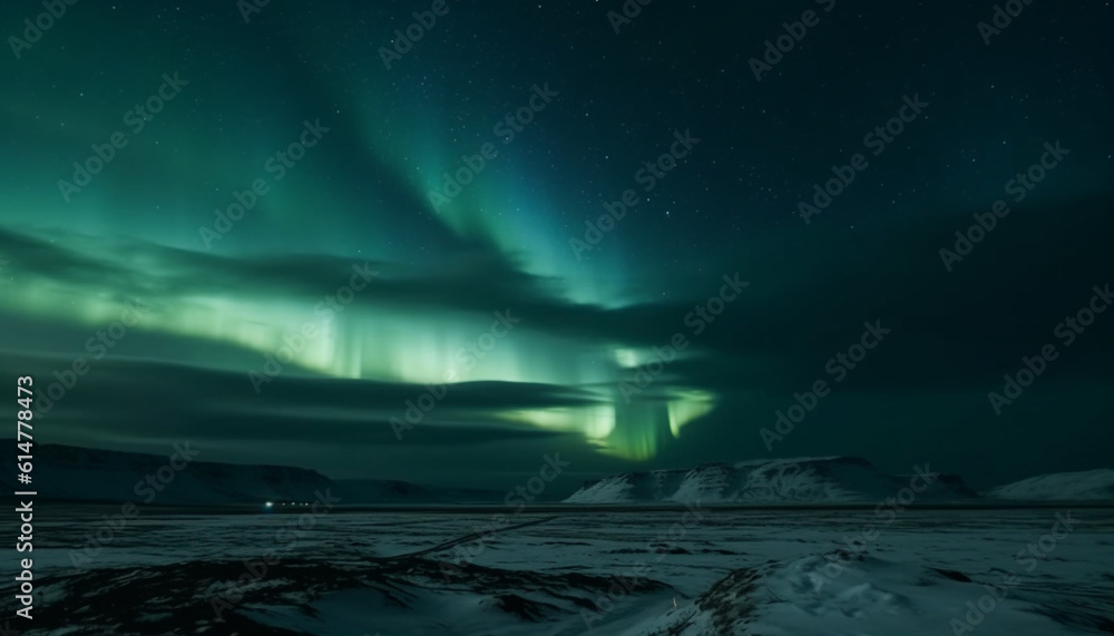 Night sky illuminates majestic arctic landscape, revealing starry mysteries generated by AI