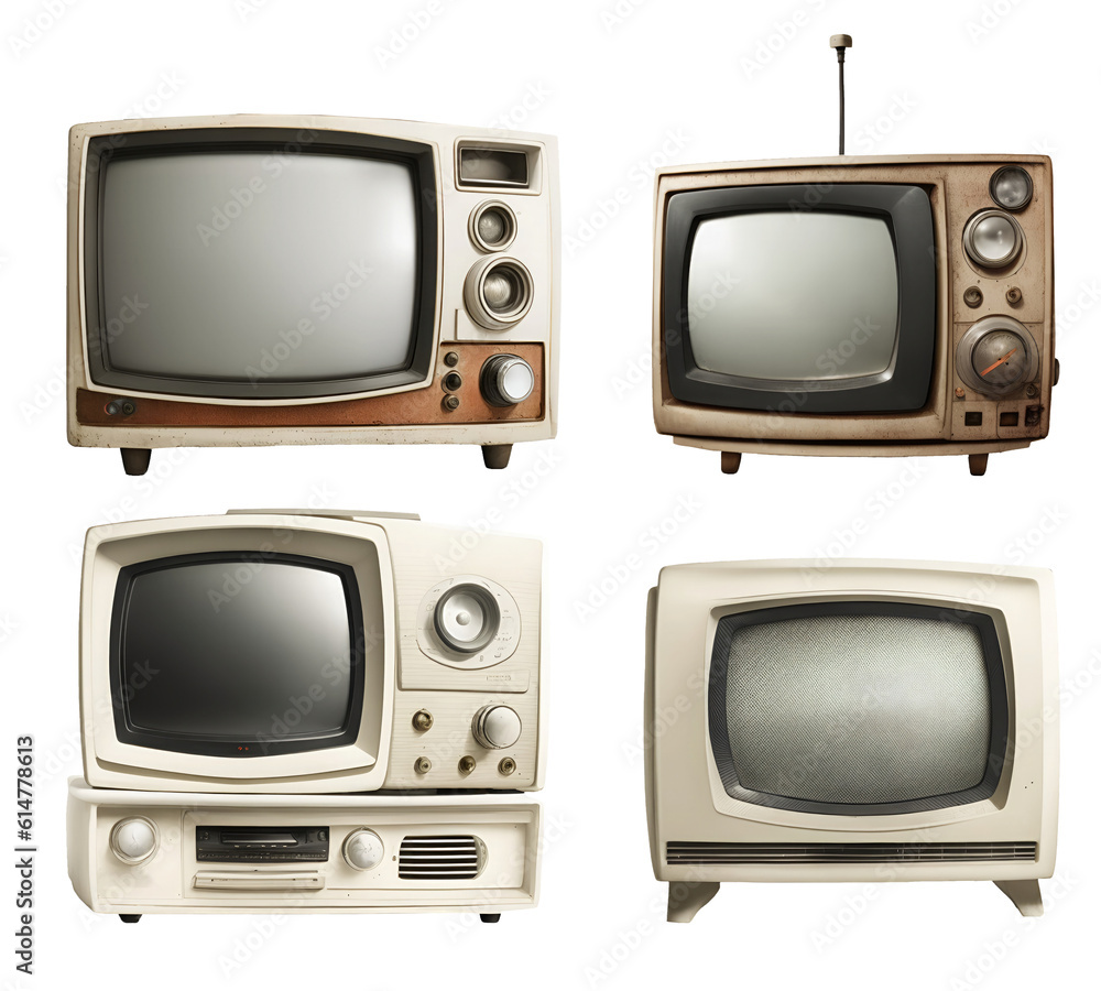 Set of retro vintage television set collection on transparent background. Generative AI