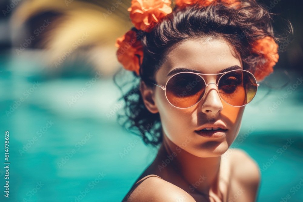beauty young woman in sunglasses enjoying with her summer vacation at swimming pool. generative AI beauty young woman in sunglasses enjoying with her summer vacation at swimming pool. generative AI