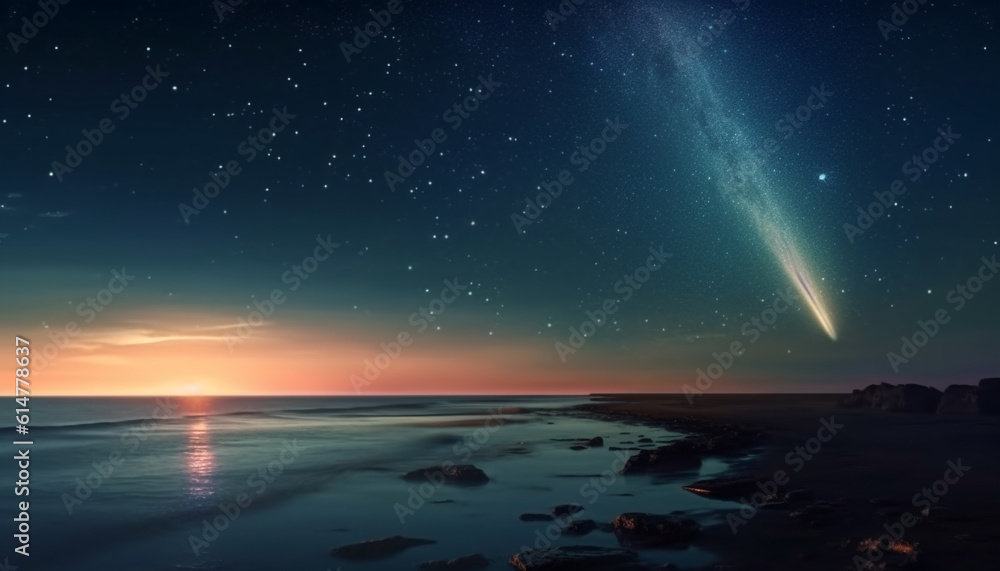 The majestic Milky Way illuminates the dark mountain landscape generated by AI
