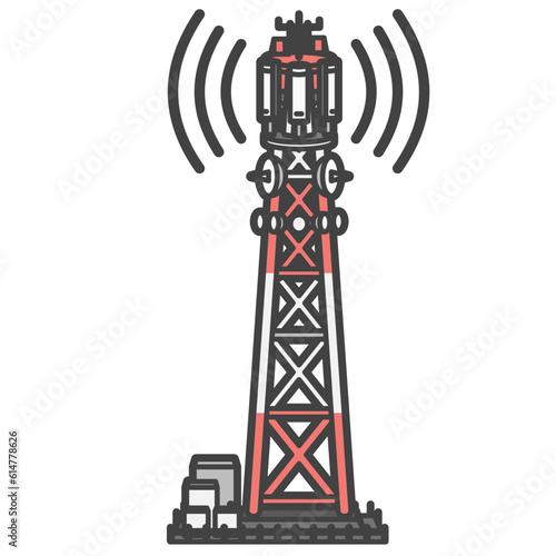 電波発信状態の大型5G・3G・LTE用通信塔・モバイルネットワークやドローンの遠隔操作に用いる。