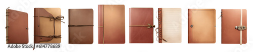 Set of various vintage leather writing notebooks isolated on transparent background. Generative AI