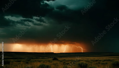 Dangerous thunderstorm brews over rural farm, ominous electricity crackles generated by AI