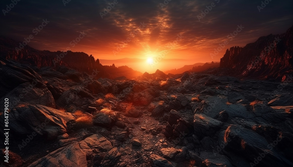 The majestic mountain peak glows in the sunset warm sunlight generated by AI The majestic mountain peak glows in the sunset warm sunlight generated by AI