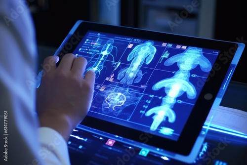 A detailed close - up photograph of a medicine doctor's hand interacting with an electronic medical record displayed on a tablet. Generative AI