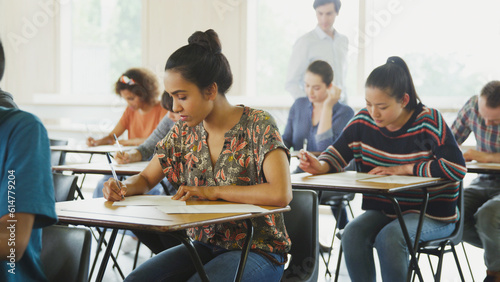 College students taking test at desks in classroom photo