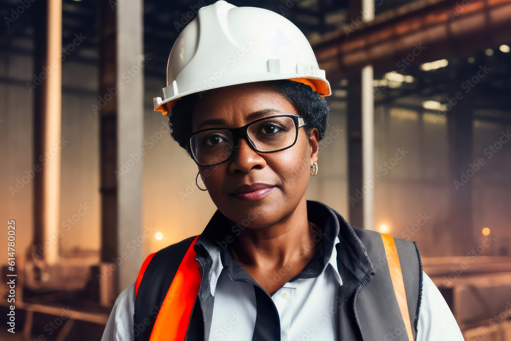 Digital portrait of a professional senior confident female Heavy industry engineer standing in a Steel Factory. Concept of active age. Generative AI