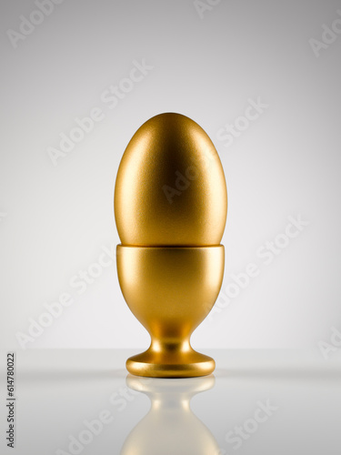 Golden egg in egg cup holder against white background