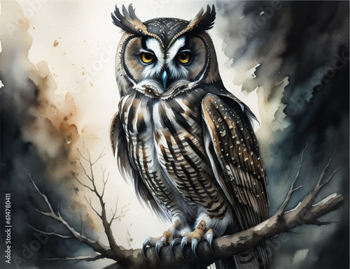 watercolor illustration, Cute owl with watercolor effec, owl drawn on an isolated white background. Wise owl reading book. School, kindergarten education. Children study. beautiful owls paint Effect
