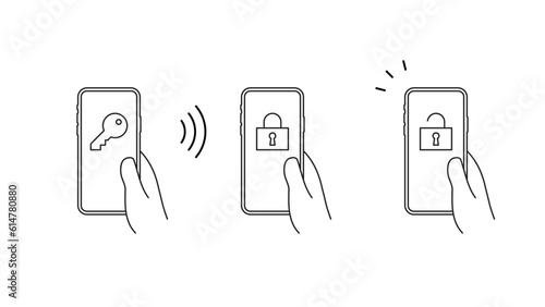 手に持ったスマートフォンに鍵と錠のアイコンのセット