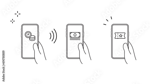 手に持ったスマートフォンにSNSのいいねのアイコンのセット