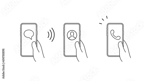 手に持ったスマートフォンに連絡のアイコンのセット