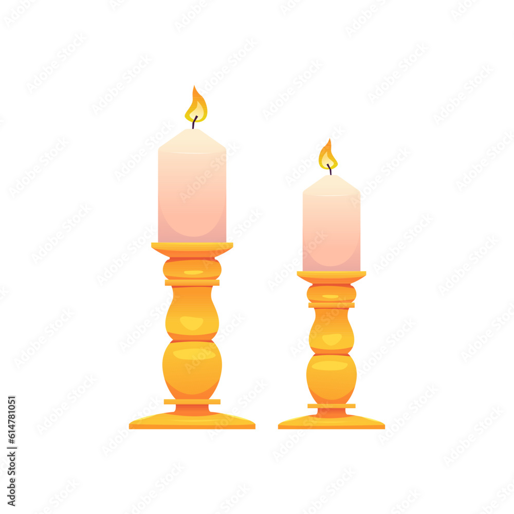 Candles in Golden Candlesticks Isolated on White Background. Vector Illustration in Cartoon Style. Candles in Golden Candlesticks Isolated on White Background. Vector Illustration in Cartoon Style.