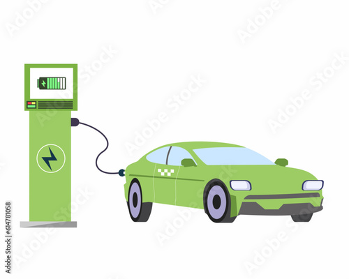 Modern electric car charging parking at the charger station with a plug in cable.