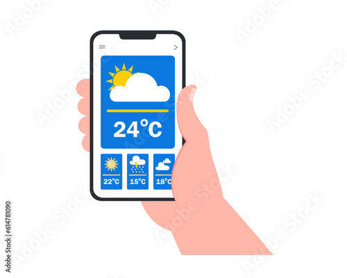 Hands holding smartphone with weather app with daily weather information vector flat illustration