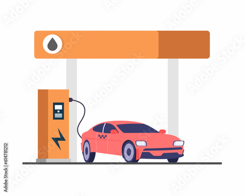 Red electric car charging at the charger station in EV vehicle.