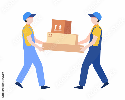 Two workers mover man holding and carrying cardboard box House moving service.