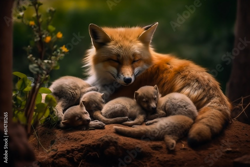 Fox Family in the Wild. Generative AI. A digital rendering of a fox mother and her pups. 
