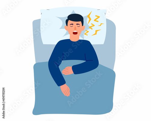 Man lying in the bed and snores loudly with open mouth concept of suffering from insomnia because of snoring.