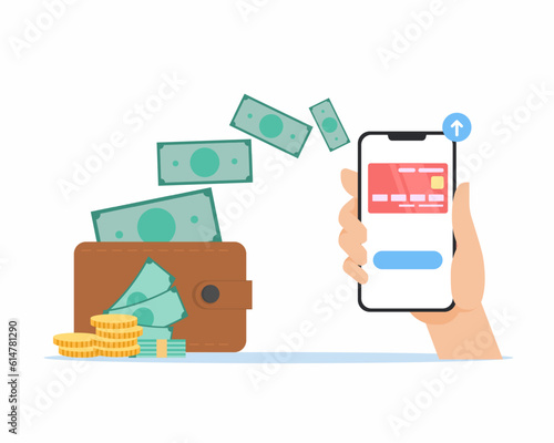 Money transfer from wallet into mobile phone for online payment vector design.