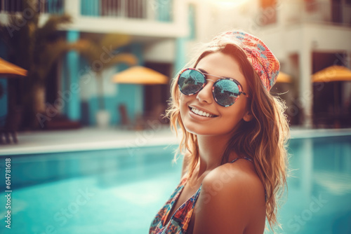 beauty young woman in sunglasses enjoying with her summer vacation at swimming pool. generative AI © zamuruev