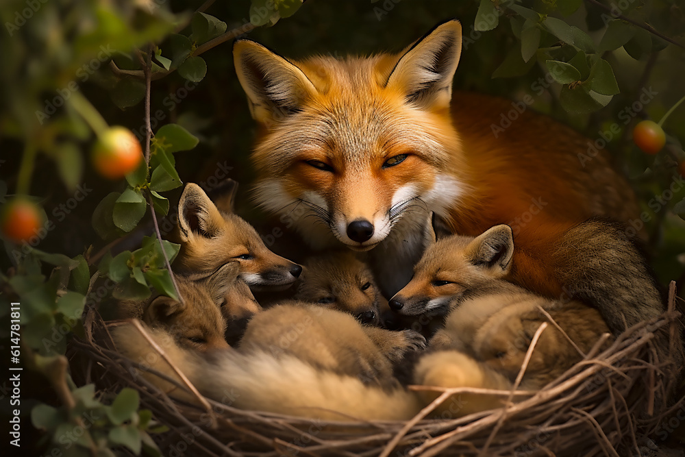 Fototapeta premium Fox Family in the Wild. Generative AI. A digital rendering of a fox mother and her pups. 