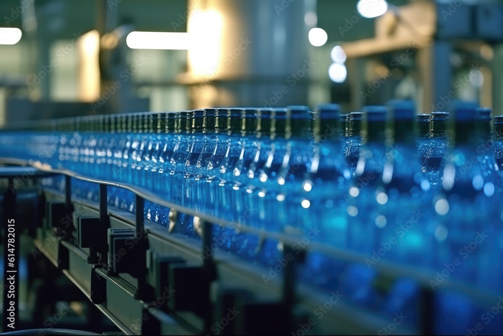 Beverage factory with a close - up shot of a conveyor belt flowing with bottles for water. Generative AI Beverage factory with a close - up shot of a conveyor belt flowing with bottles for water. Generative AI
