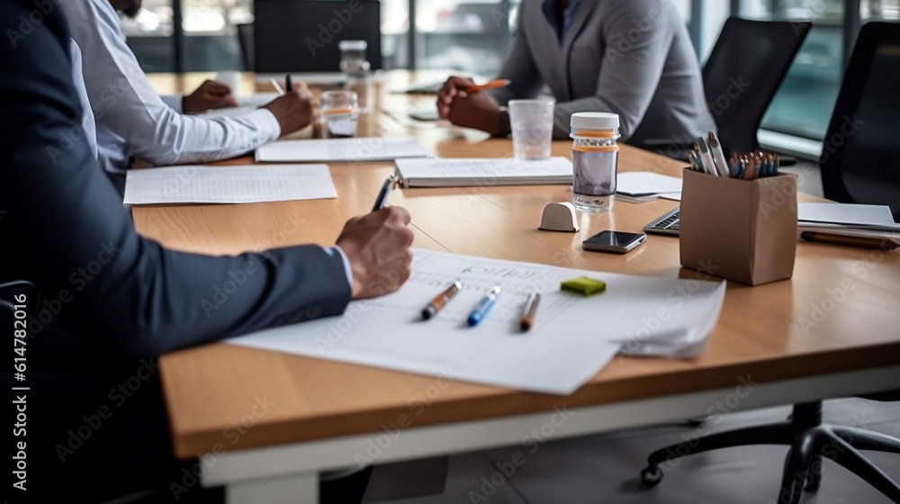 Three men gathered at a large business table ready to work. Three men gathered at a large business table ready to work.