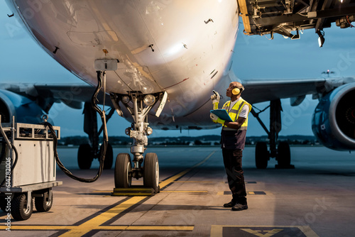 Billede på lærred Airport ground crew worker checking airplane on tarmac
