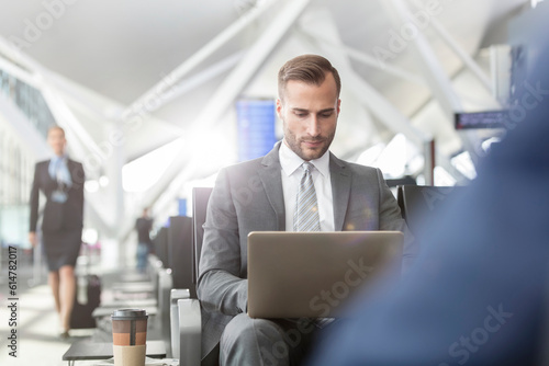 Businessman working using laptop in airport departure area