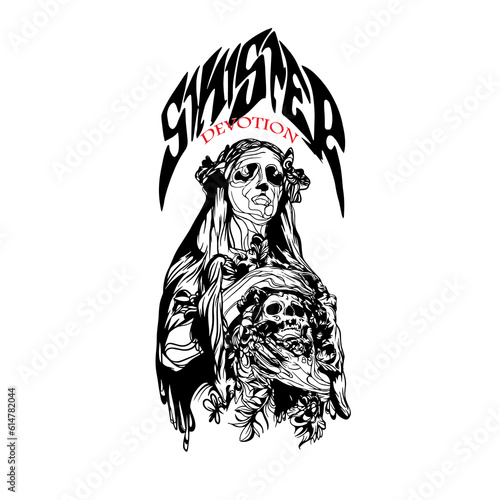 women and skull on hand with flower,sinister devotion